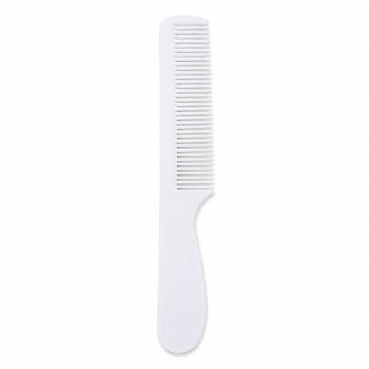 White handled fine-tooth comb on a clean background, designed for easy everyday grooming, travel and personal care.