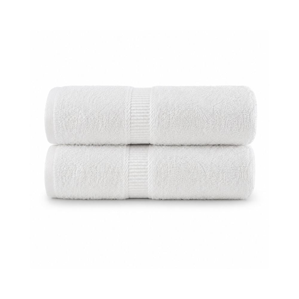 Two white CH Series premium bath towels stacked neatly, featuring soft absorbent terry fabric and a textured centre band.