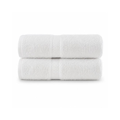 Two white CH Series premium bath towels stacked neatly, featuring soft absorbent terry fabric and a textured centre band.