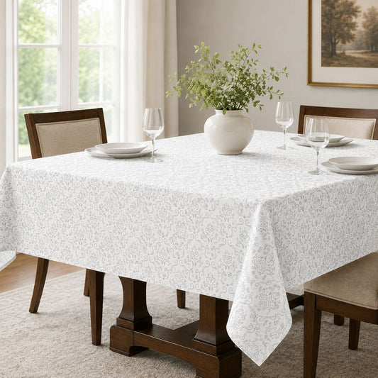 White patterned tablecloth on a rectangular dining table with white dinnerware, wine glasses and a decorative greenery centerpiece.
