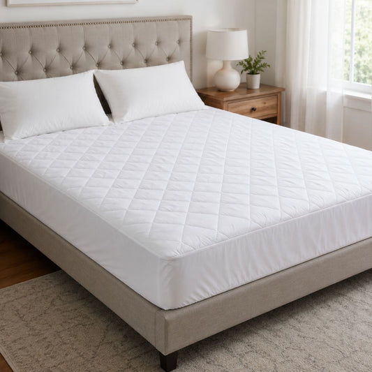 Soft quilted mattress protector designed for breathable comfort, waterproof protection, and a secure fitted fit.