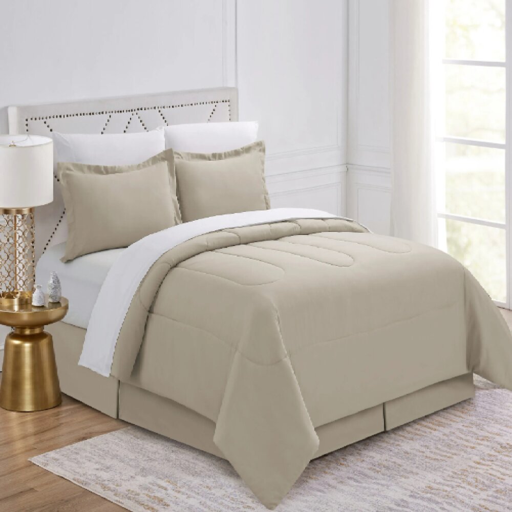 Pinch Pleat 8 Piece Comforter + Sheets Set Taupe 