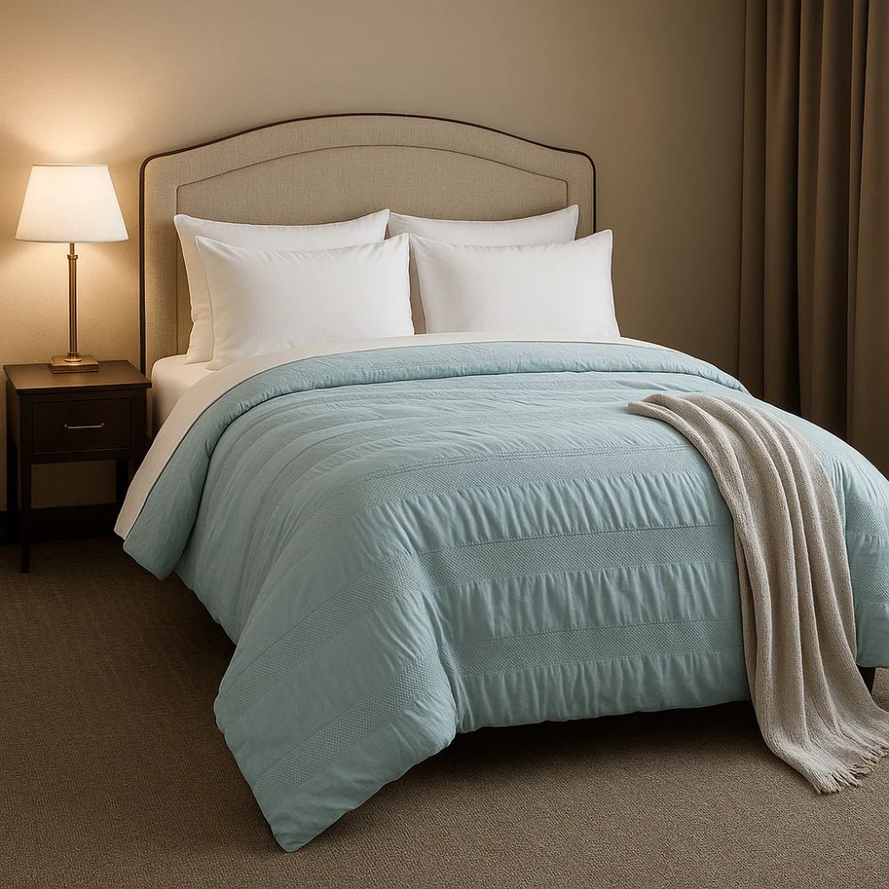 Blue moselle cotton duvet paired with white pillows for a bold, modern and eye-catching bedroom style.