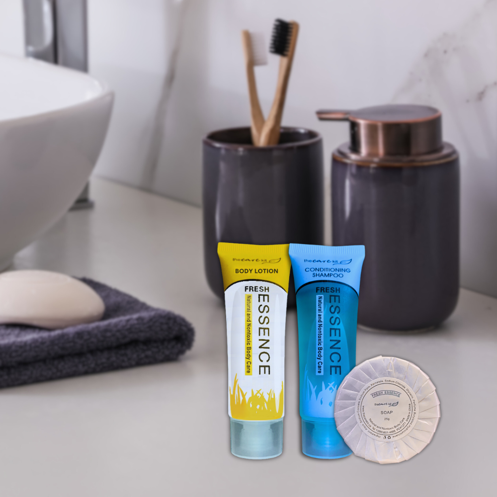 Mini body lotion and shampoo set for Airbnb and spa indulgence. Compact, convenient, and perfect for on-the-go pampering