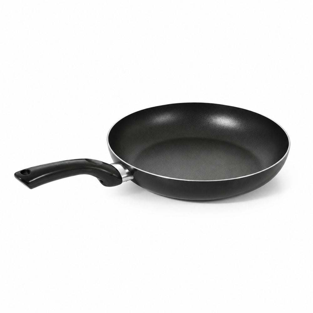 Black non-stick frying pan with long ergonomic handle for frying, sautéing and preparing everyday meals.