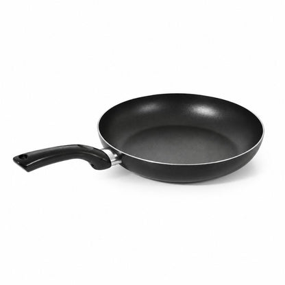 Black non-stick frying pan with long ergonomic handle for frying, sautéing and preparing everyday meals.