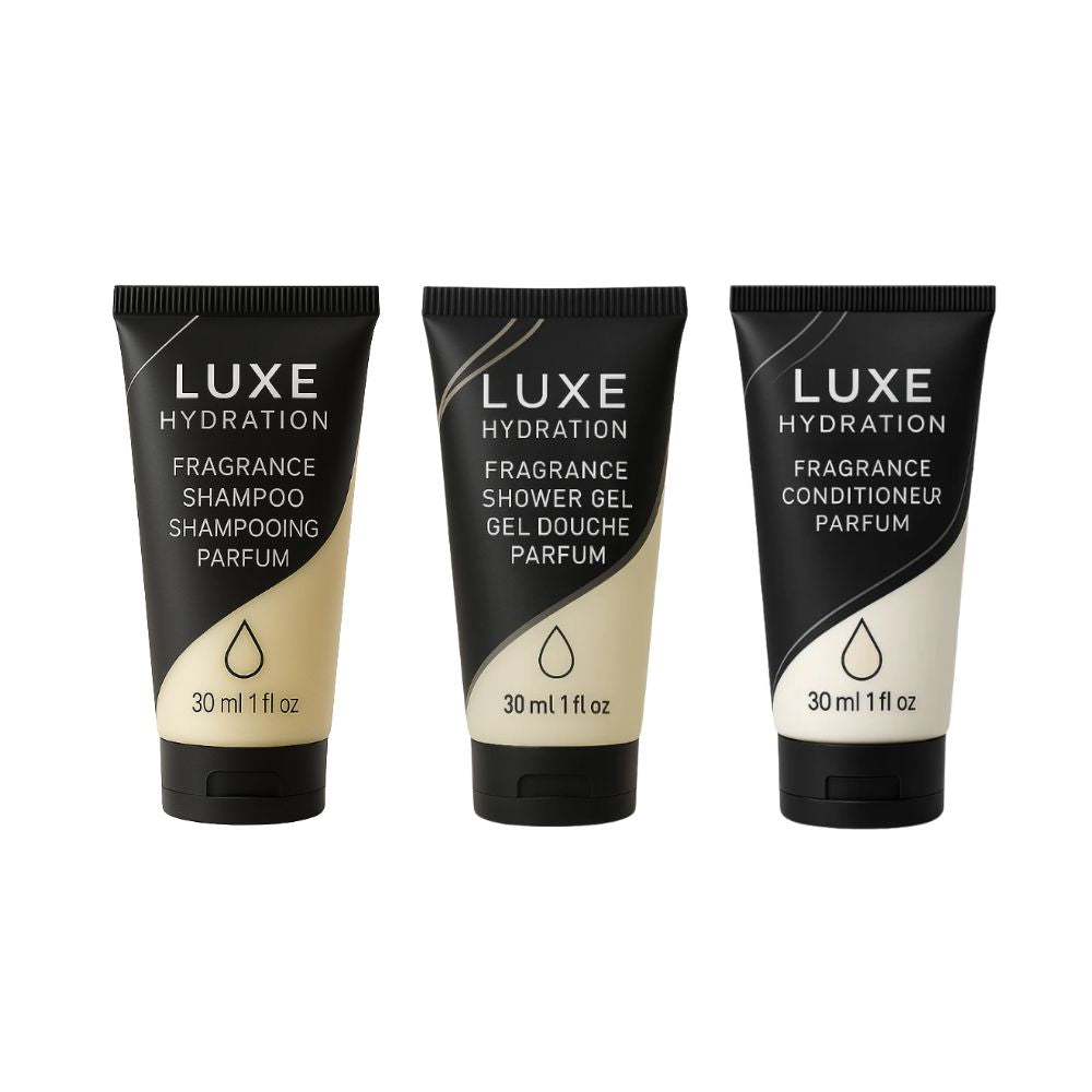 Luxe Hydration 3-piece fragrance travel toiletry set with 30ml shampoo, shower gel and conditioner for personal care at home or on trips.