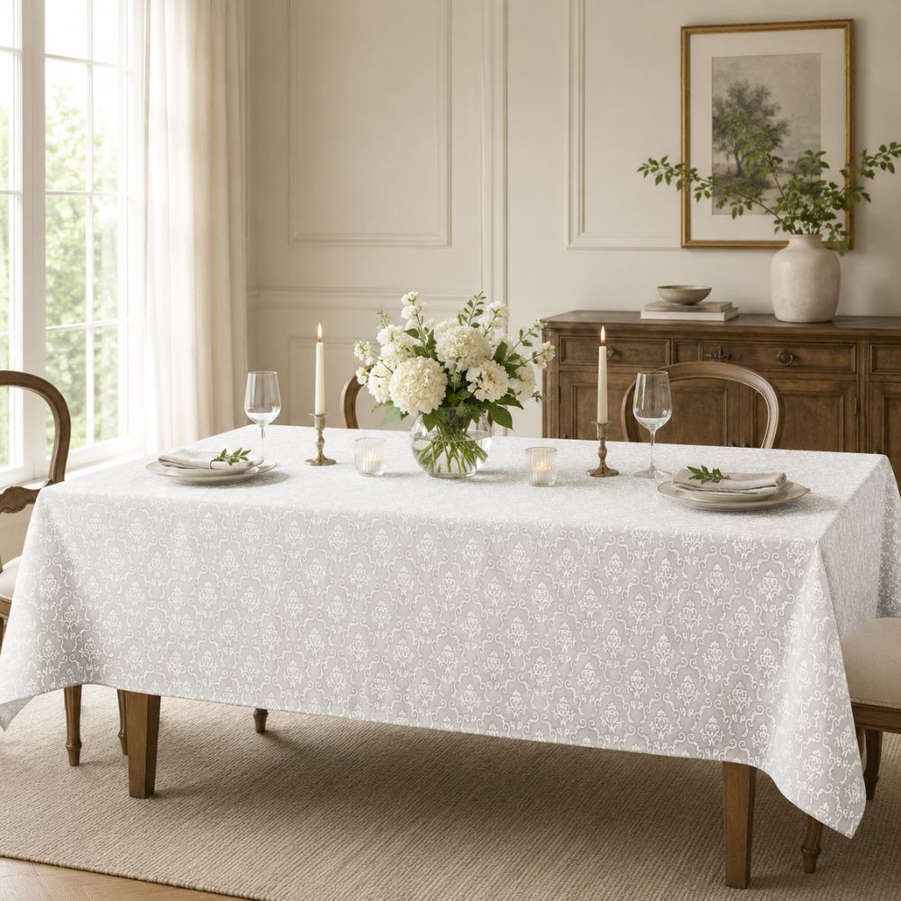 White patterned rectangular tablecloth displayed on a dining table with floral centrepiece, candles and classic dining room décor.