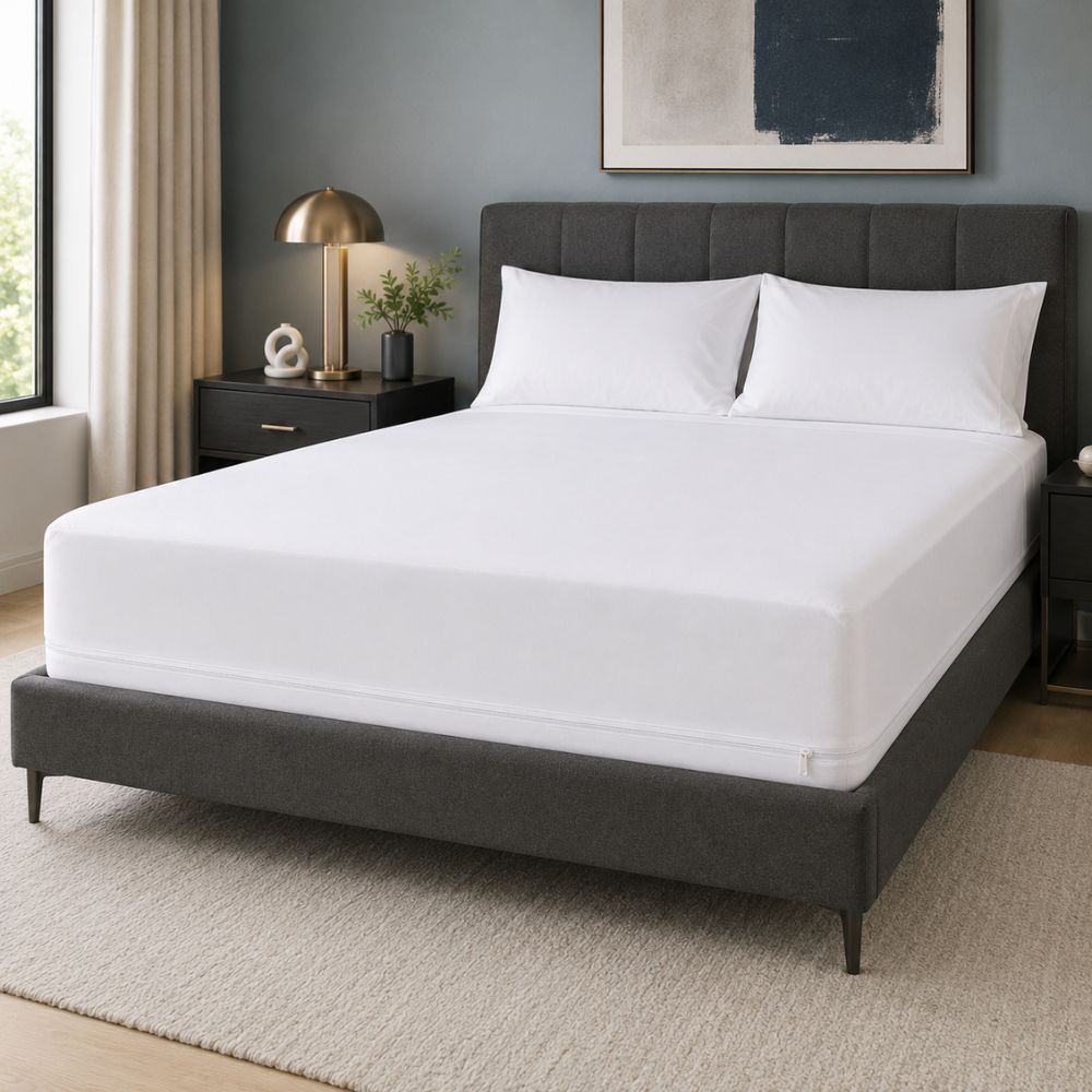 White zippered mattress encasement fitted securely on a modern bed, providing a smooth, clean and protective full-mattress cover.