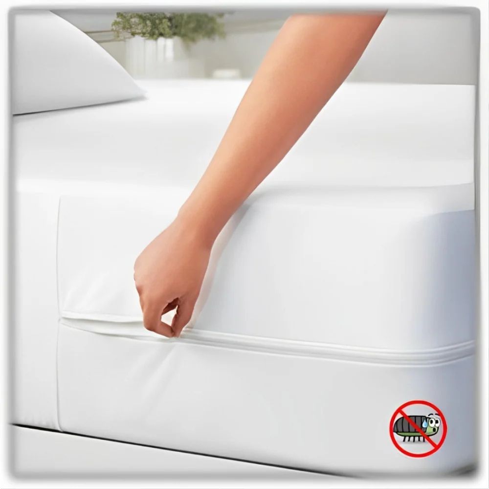 Hand opening a white zippered mattress encasement, showing full mattress coverage and an easy-access closure for everyday protection.