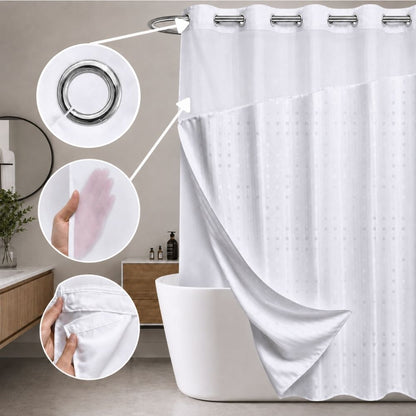 White patterned hookless shower curtain with sheer top panel, chrome grommets and detachable liner shown beside a bathtub.