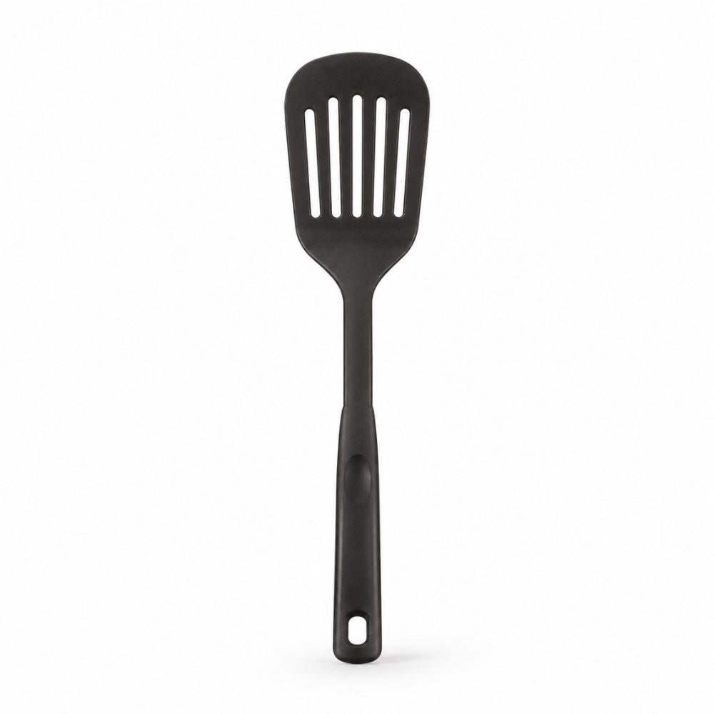 Black slotted turner spatula with wide head and long handle for flipping, lifting and serving cooked foods.