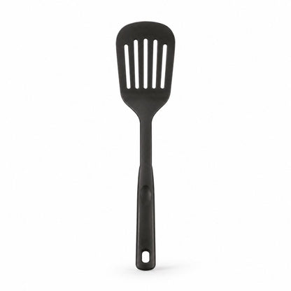 Black slotted turner spatula with wide head and long handle for flipping, lifting and serving cooked foods.