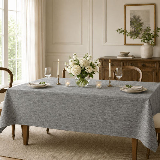 Grey textured rectangular tablecloth styled on an elegant dining table with candles, floral centrepiece and neutral home décor.