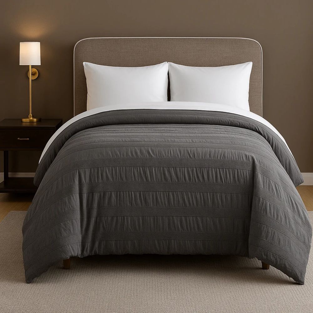 Dark grey moselle cotton duvet displayed on a neatly made bed, adding a cozy and inviting touch to the room.
