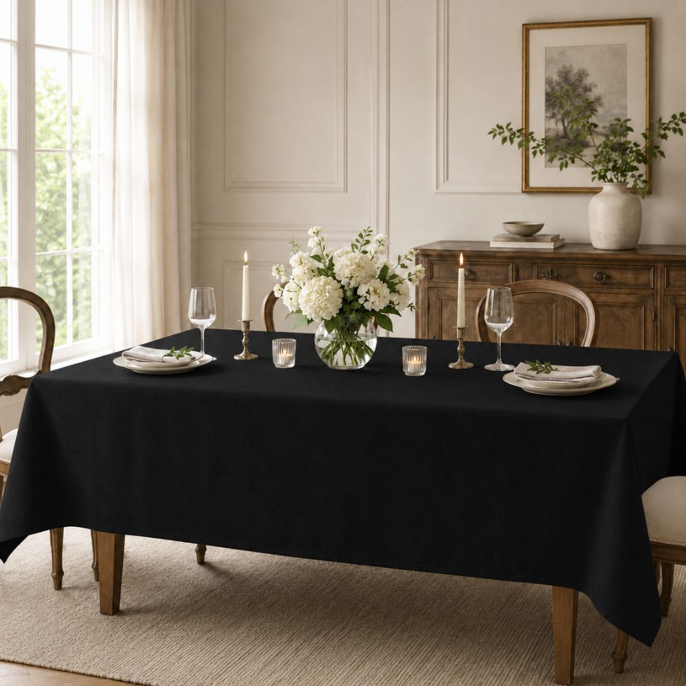 Black rectangular tablecloth displayed on a formal dining table with candles, flowers and classic neutral dining room décor.