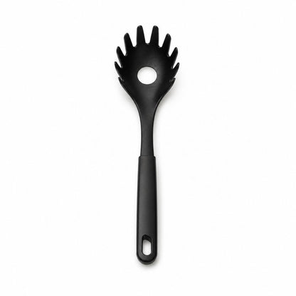 Black pasta server with pronged spoon head, centre draining hole and ergonomic handle for serving spaghetti and noodles.