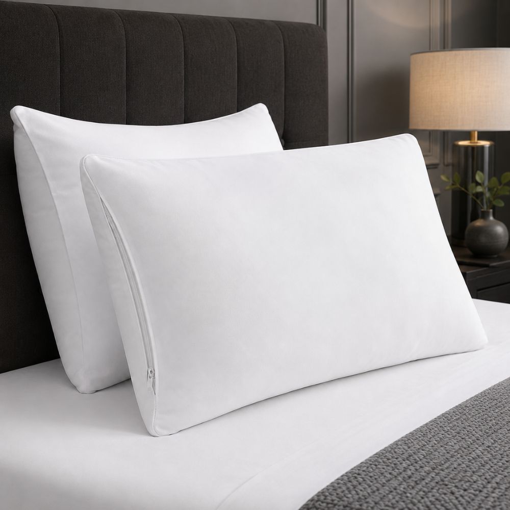 Premium firm white zippered pillow protector on a modern bed, designed for secure coverage, clean comfort and everyday pillow care.