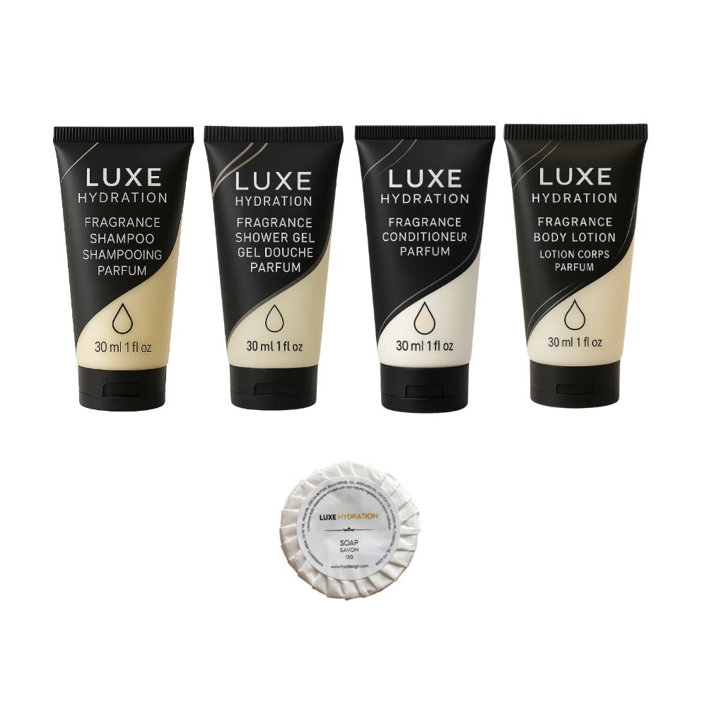 Luxe Hydration 5-piece fragrance travel toiletry set with 30ml shampoo, shower gel, conditioner, body lotion and 13g wrapped soap.