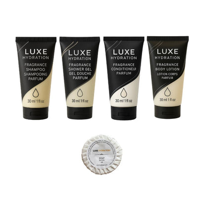 Luxe Hydration 5-piece fragrance travel toiletry set with 30ml shampoo, shower gel, conditioner, body lotion and 13g wrapped soap.