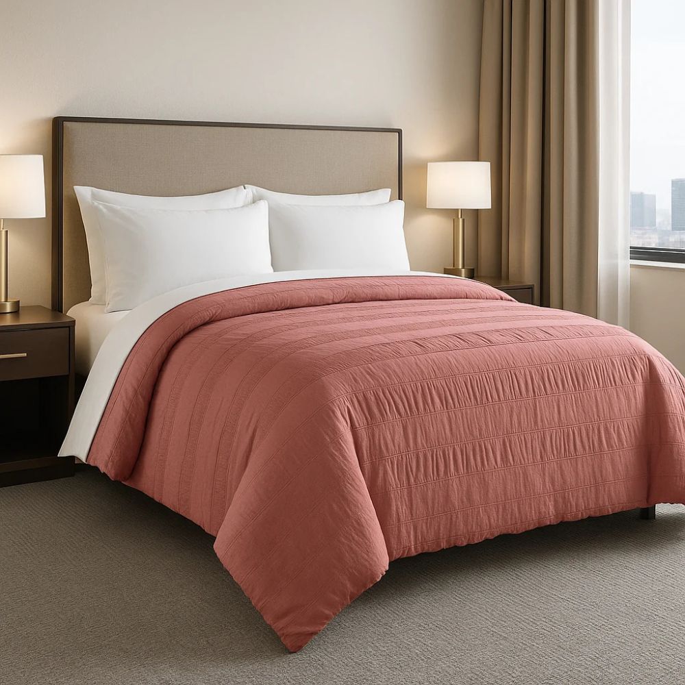 Dusty Rose moselle cotton duvet on a clean bed with white pillows, bringing warmth and rich colour to the space.