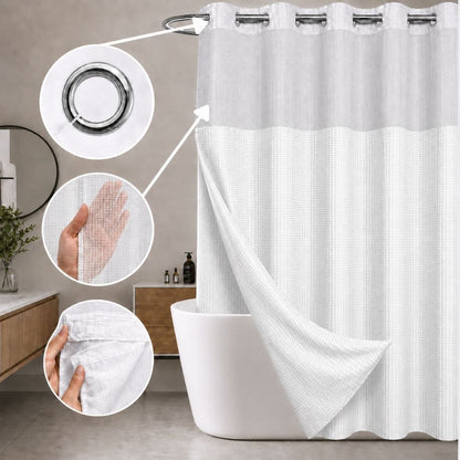 White waffle-texture hookless shower curtain with sheer window, chrome grommets and removable liner in a contemporary bathroom.