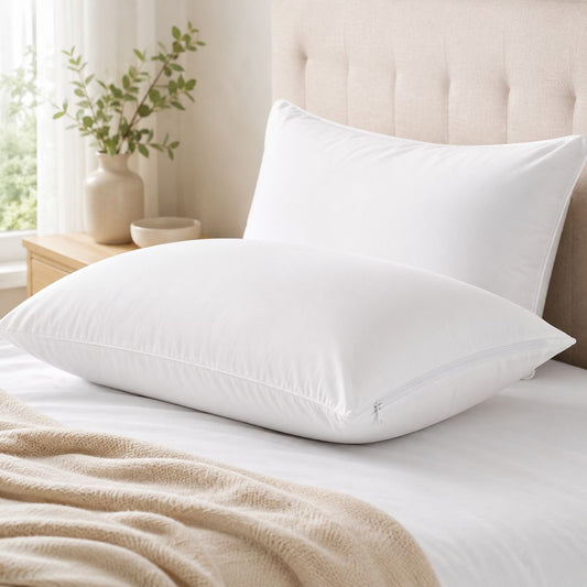 Premium soft white zippered pillow protector styled on a bed, offering gentle comfort, full coverage and easy everyday protection.