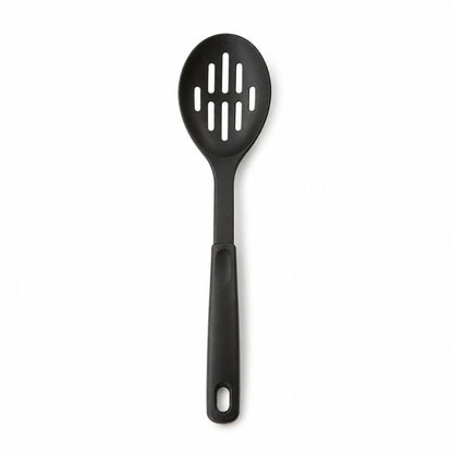 Black slotted serving spoon with oval head and drainage openings for serving vegetables, pasta and everyday meals.