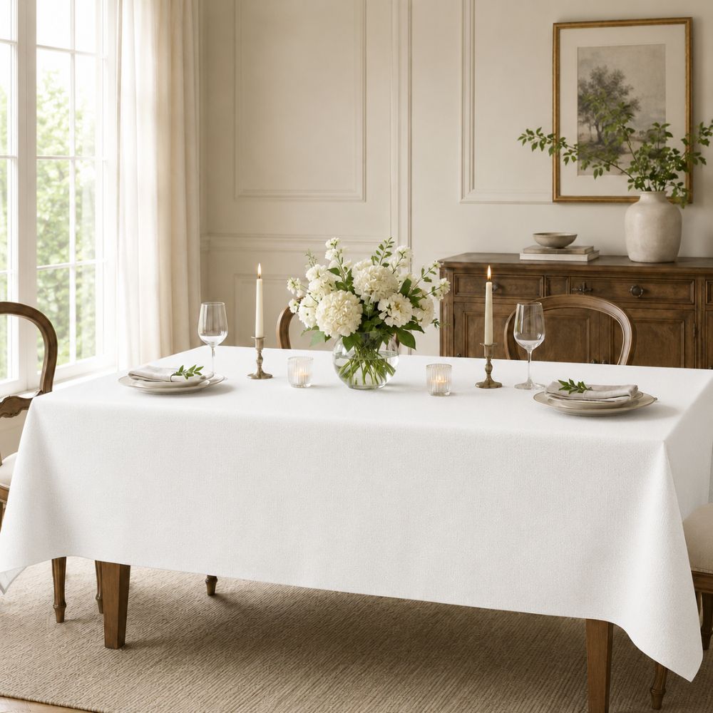 White rectangular tablecloth styled on a dining table with floral centrepiece, candles and elegant neutral table settings.