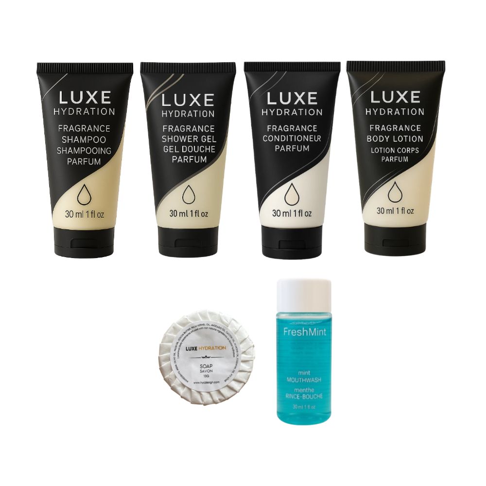 Luxe Hydration 6-piece fragrance travel toiletry set with shampoo, shower gel, conditioner, body lotion, soap and mint mouthwash.