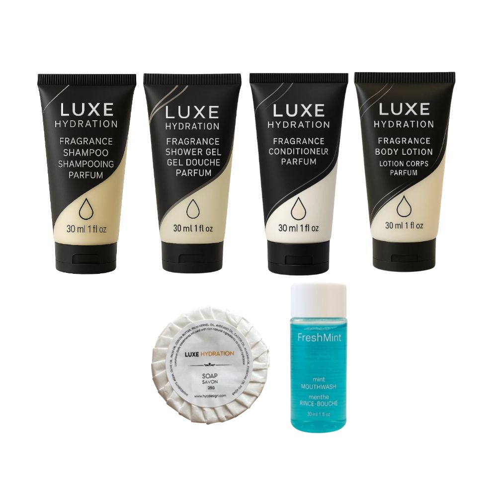 Luxe Hydration 6-piece travel care set with fragrance shampoo, shower gel, conditioner, body lotion, wrapped soap and mint mouthwash.