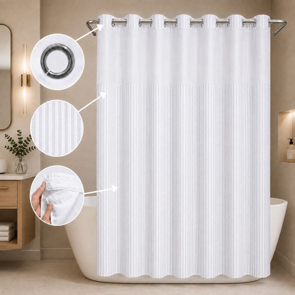 White striped hookless shower curtain with chrome grommets, removable liner and textured fabric in a modern bathroom.