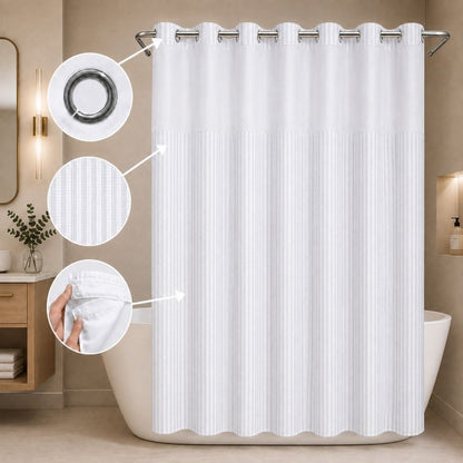 White striped hookless shower curtain with chrome grommets, removable liner and textured fabric in a modern bathroom.