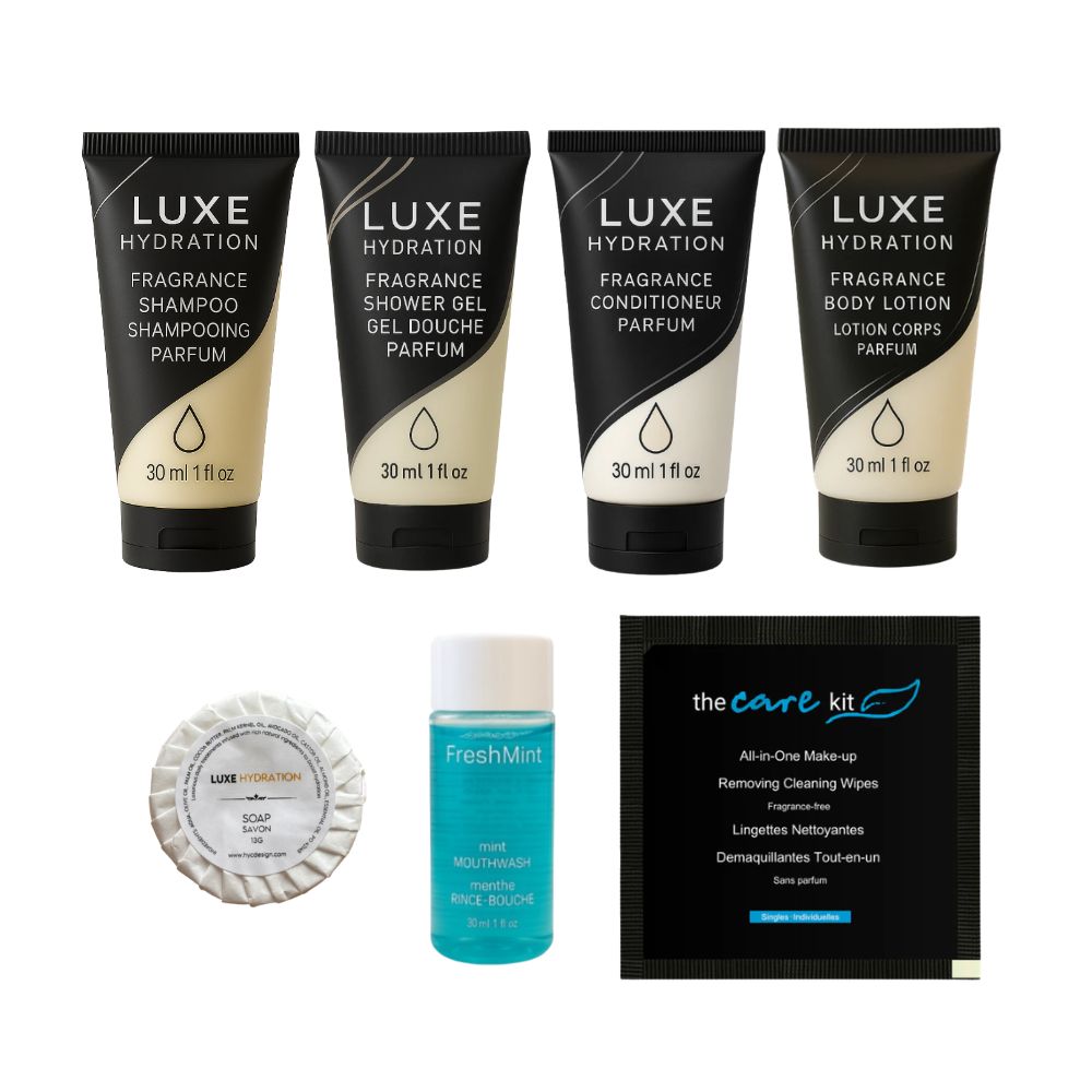 Luxe Hydration 7-piece fragrance travel toiletry set with shampoo, shower gel, conditioner, lotion, soap, mouthwash and makeup wipe.
