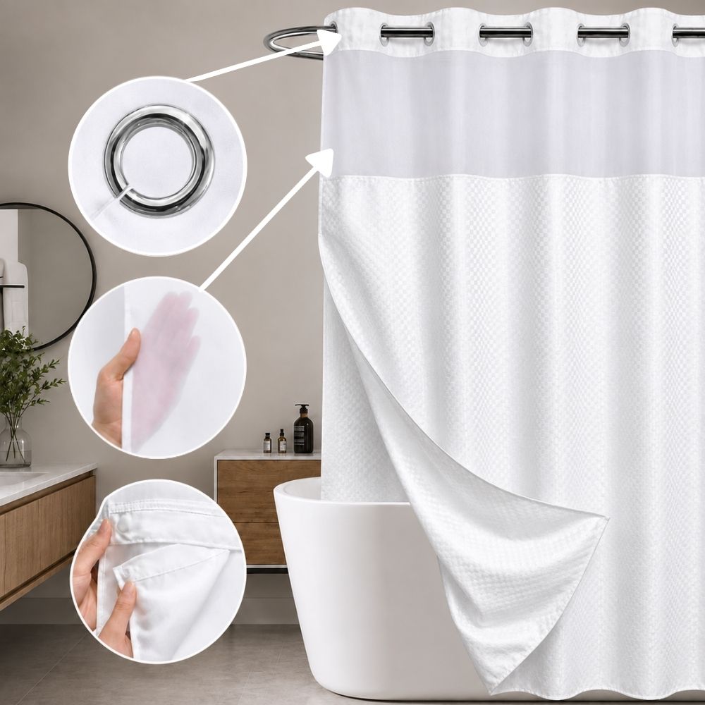 White textured hookless shower curtain with sheer window panel, chrome grommets and removable liner in a modern bathroom.