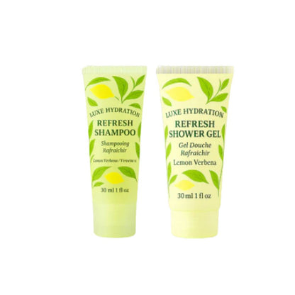 Luxe Hydration lemon verbena shampoo and shower gel travel-size toiletries for refreshing personal care at home, the gym or on trips.