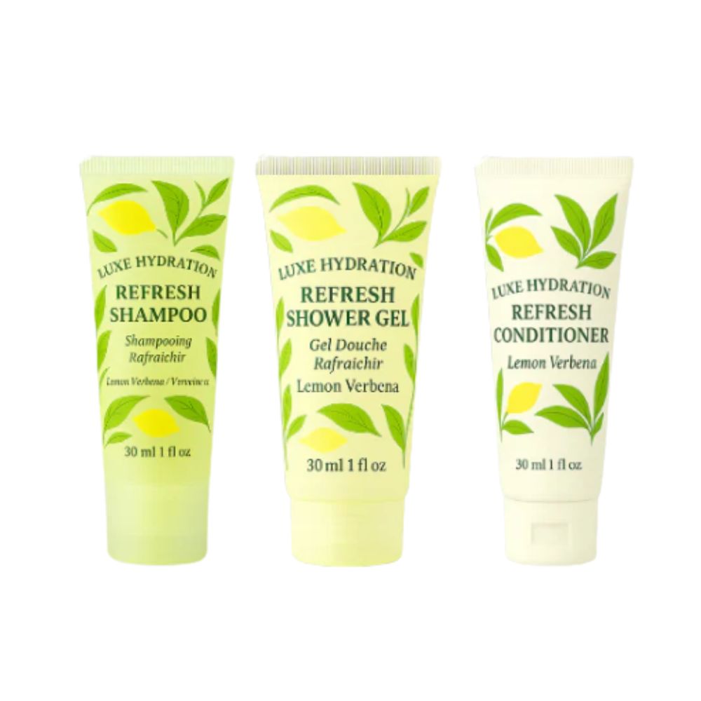 Luxe Hydration lemon verbena travel toiletries set with 30ml shampoo, shower gel and conditioner for personal care at home or on trips.