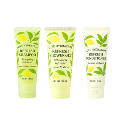 Luxe Hydration lemon verbena travel toiletries set with 30ml shampoo, shower gel and conditioner for personal care at home or on trips.