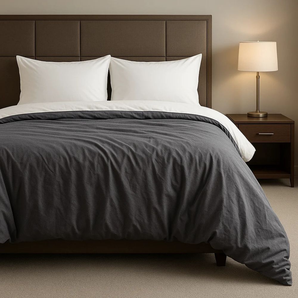 Ash grey comforter paired with white pillows and bedding in a modern bedroom for a clean, sophisticated style.