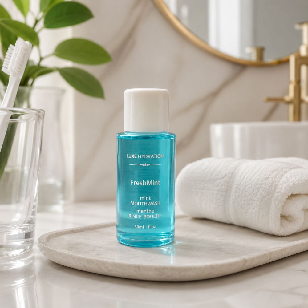 Luxe Hydration FreshMint 30 ml mint mouthwash in a modern bathroom setting, ideal for fresh breath and everyday oral care.