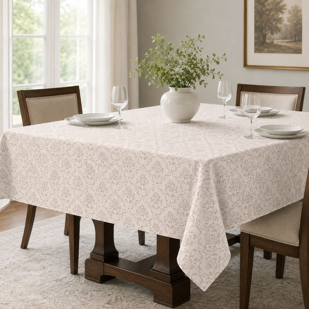 Elegant light beige patterned tablecloth styled on a dining table with white plates, glassware and a ceramic vase centerpiece.