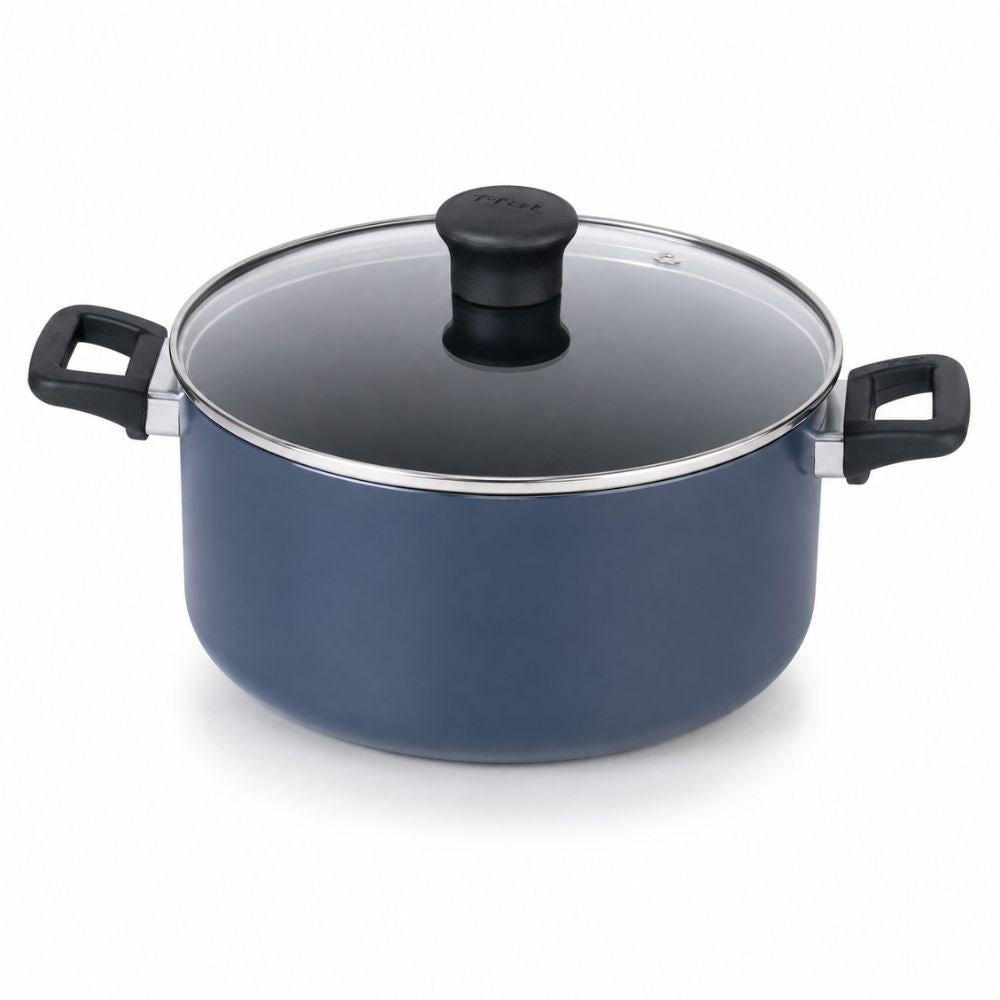 T-fal blue nonstick stock pot with glass lid and dual black handles for preparing soups, pasta, stews and family meals.
