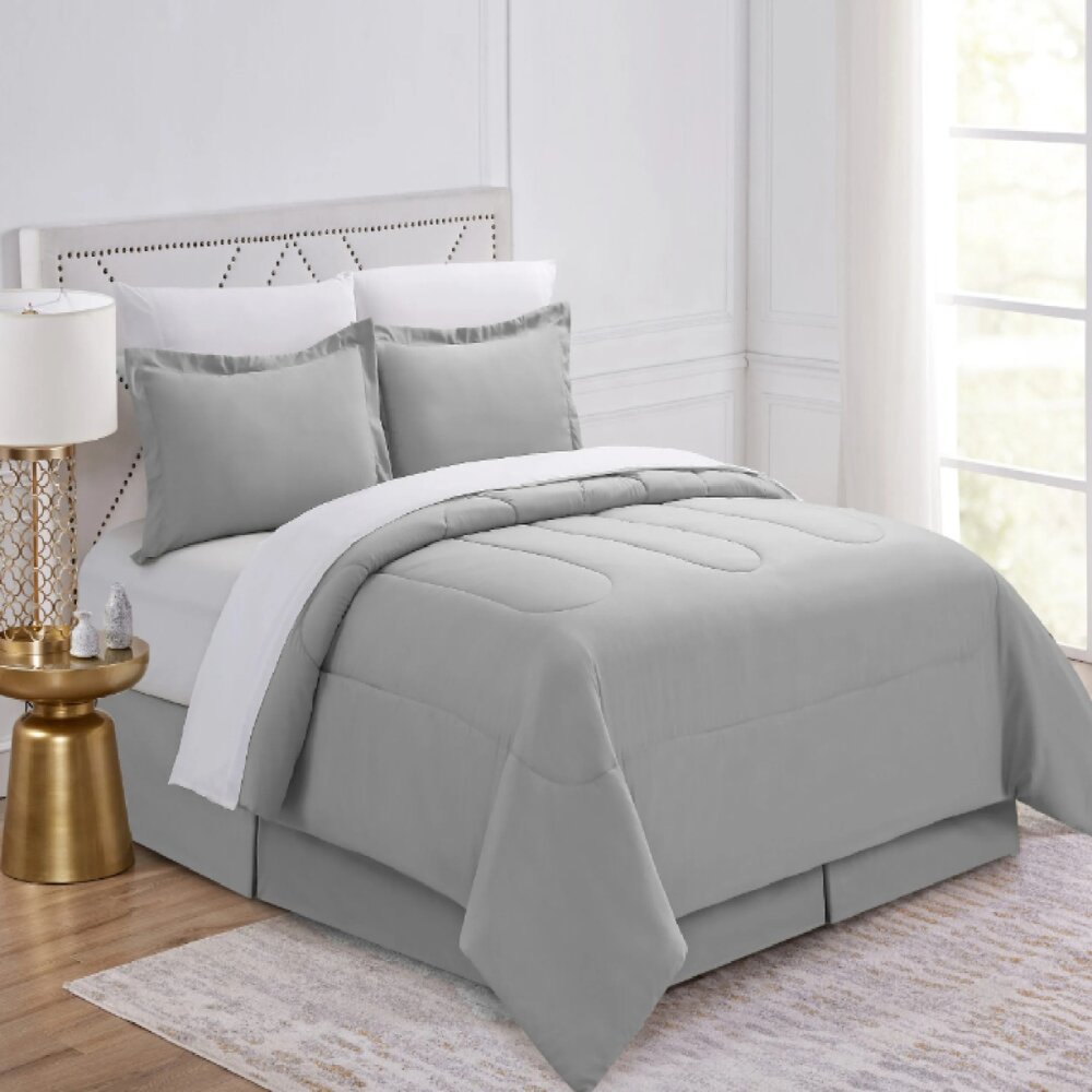 Edit Pinch Pleat 8 Piece Comforter + Sheets Set Grey