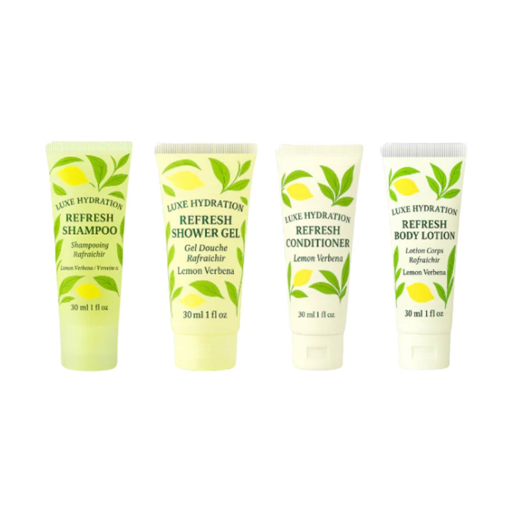 Luxe Hydration lemon verbena travel toiletries set with 30ml shampoo, shower gel, conditioner and body lotion for personal care.