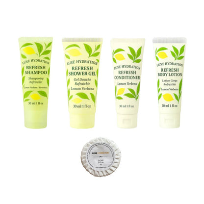 Luxe Hydration lemon verbena 5-piece travel toiletry set with 30ml shampoo, shower gel, conditioner, body lotion and wrapped soap.