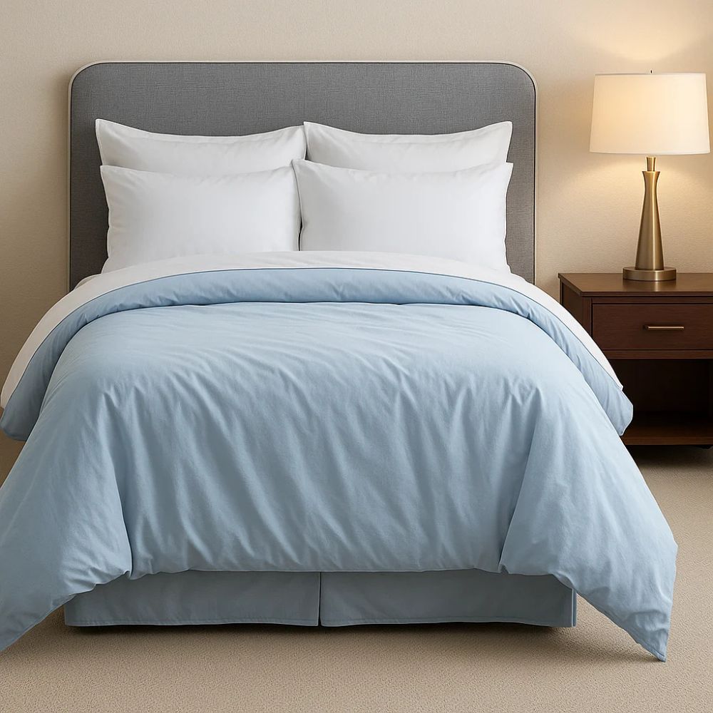 Pale blue comforter styled with layered white pillows and bedding for a bright, comfortable and relaxing bedroom setup.