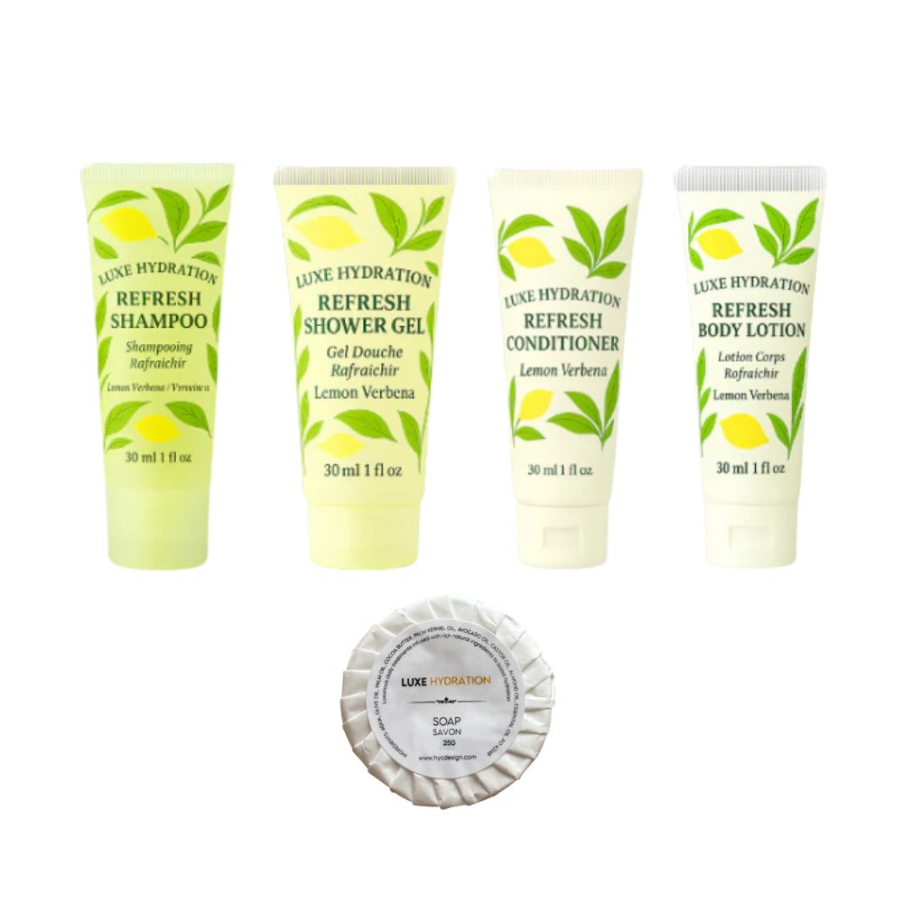 Luxe Hydration 5-piece lemon verbena travel care set with shampoo, shower gel, conditioner, body lotion and wrapped soap for everyday use.