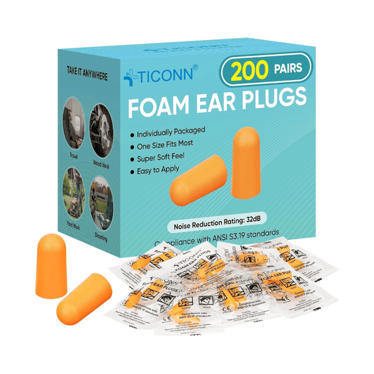 Individually wrapped orange foam ear plugs, 200 pairs with 32dB noise reduction rating, ideal for travel, work and sleep.