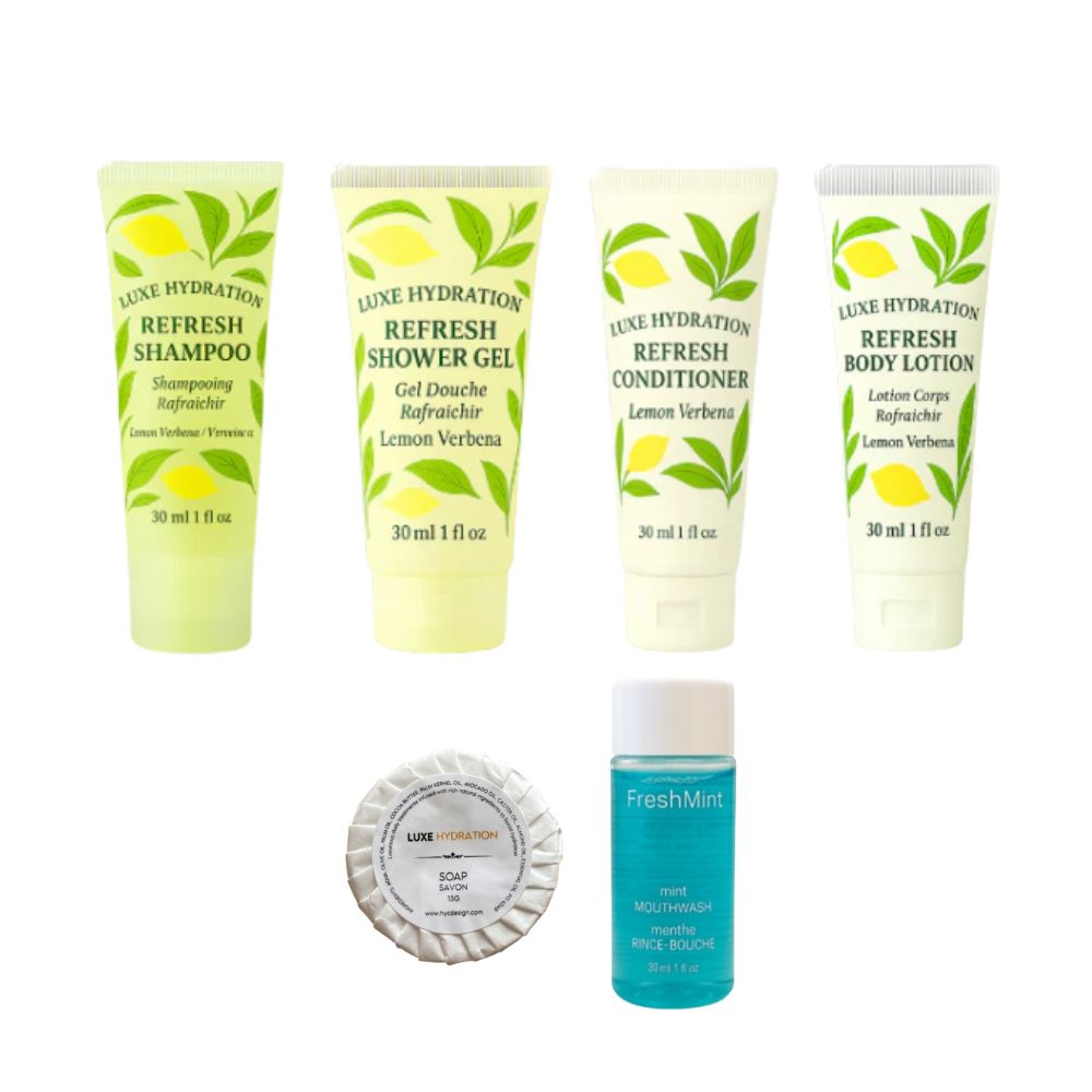 Luxe Hydration 6-piece lemon verbena travel toiletry set with shampoo, shower gel, conditioner, body lotion, soap and mint mouthwash.