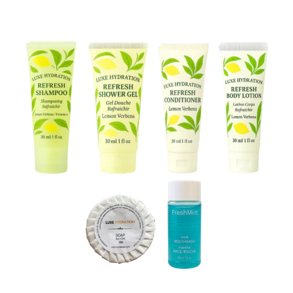 Luxe Hydration 6-piece lemon verbena travel toiletry set with shampoo, shower gel, conditioner, body lotion, 25g soap and mint mouthwash